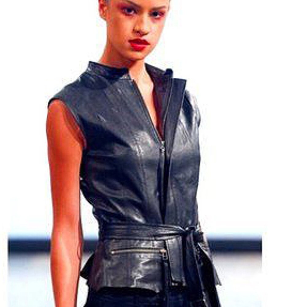 💥STUNNING💥 Vintage Genuine Leather Cut-Out Peplum Belted Vest